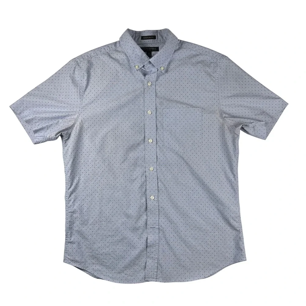 Banana Republic Mens Slim Flex Fit Tech Stretch Cotton Polka Dot Shirt Blue M